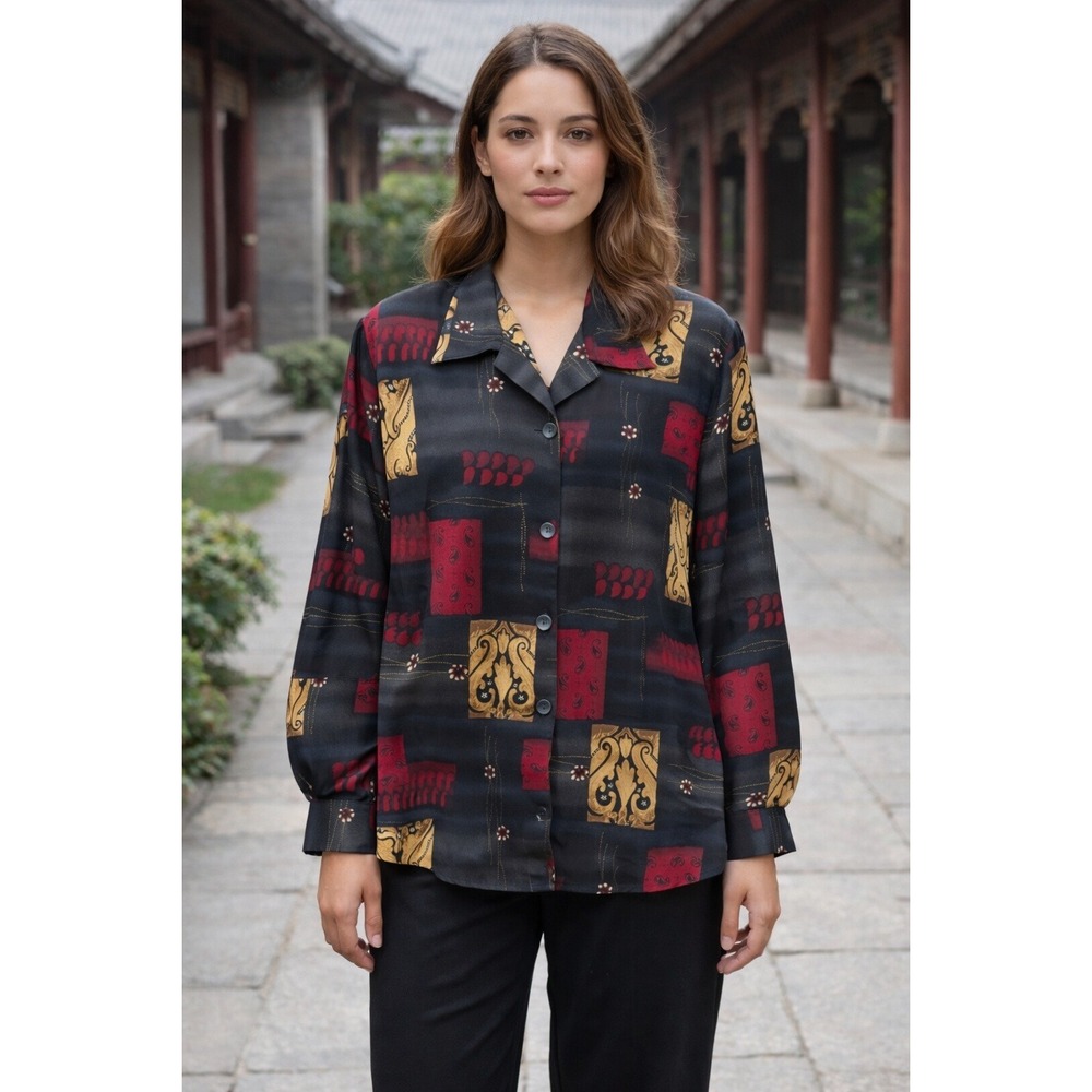 Dress Barn Blouse Top Women's Size 14/16 Black Red Paisley Long Sleeve Button Up